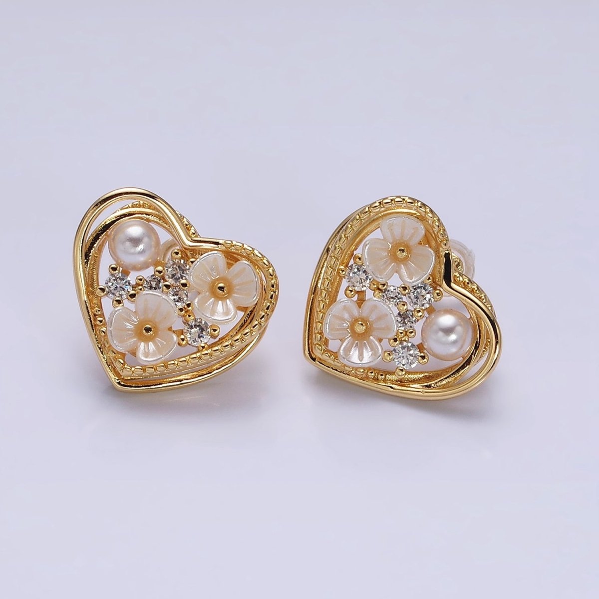 Gold, Silver Double Flower Pearl CZ Framed Hearts Stud Earrings | AD1052 AD1053 - DLUXCA