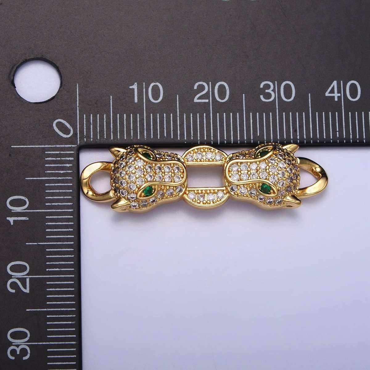 Gold, Silver Double Green-Eyed Panther Leopard Head Micro Paved CZ Curb Link Connector | AA1010 AA1013 - DLUXCA
