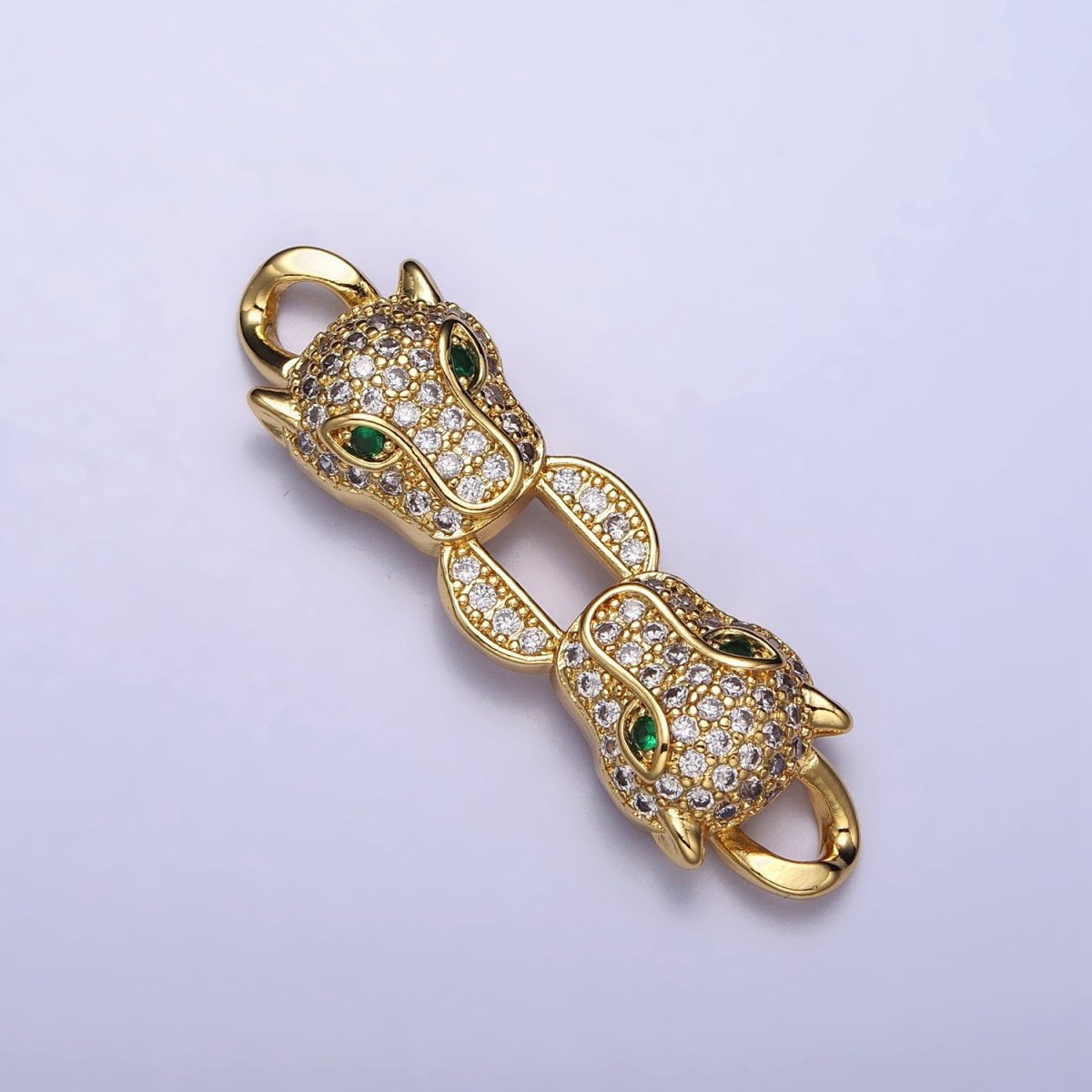 Gold, Silver Double Green-Eyed Panther Leopard Head Micro Paved CZ Curb Link Connector | AA1010 AA1013 - DLUXCA