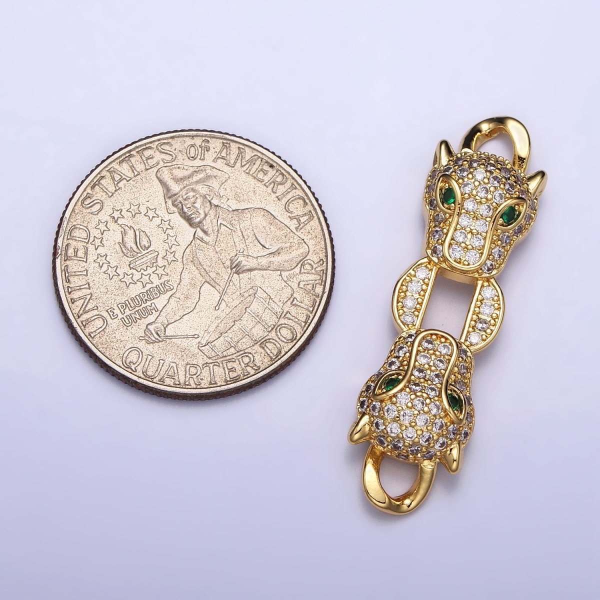 Gold, Silver Double Green-Eyed Panther Leopard Head Micro Paved CZ Curb Link Connector | AA1010 AA1013 - DLUXCA