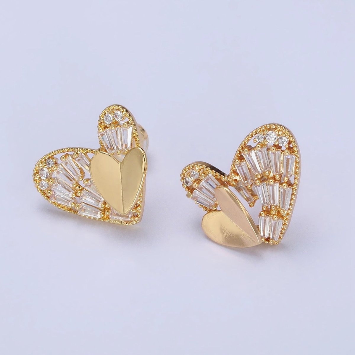 Gold, Silver Double Heart Clear Baguette CZ Stud Earrings | AB481 AB490 - DLUXCA