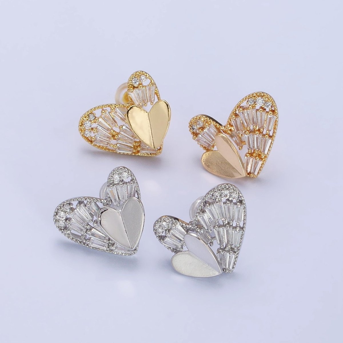 Gold, Silver Double Heart Clear Baguette CZ Stud Earrings | AB481 AB490 - DLUXCA