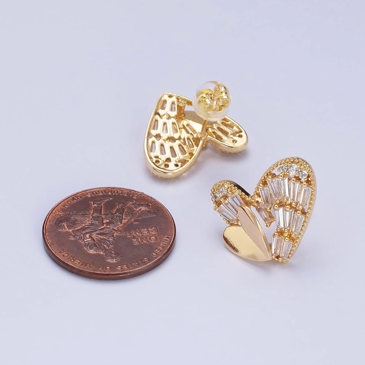 Gold, Silver Double Heart Clear Baguette CZ Stud Earrings | AB481 AB490 - DLUXCA