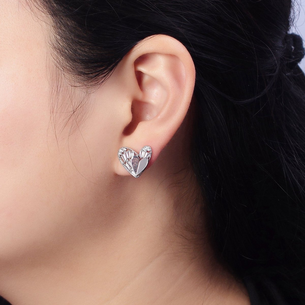 Gold, Silver Double Heart Clear Baguette CZ Stud Earrings | AB481 AB490 - DLUXCA