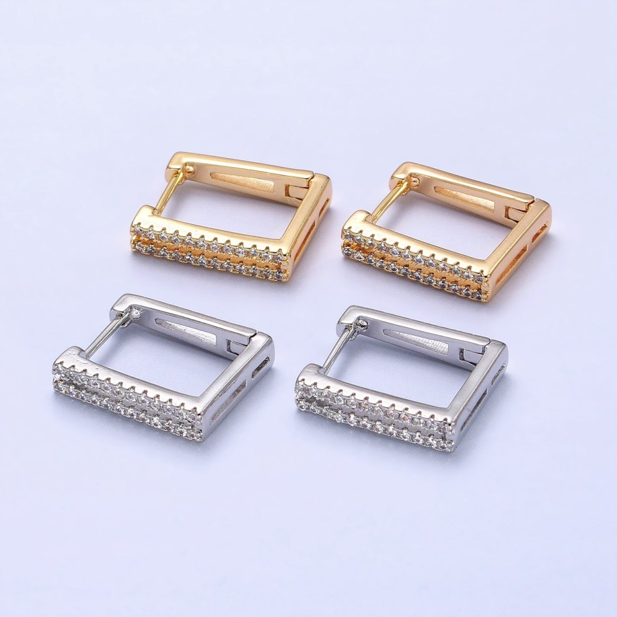 Gold, Silver Double Micro Paved CZ Lined Square Geometric Hoop Earrings | AB478 AB487 - DLUXCA