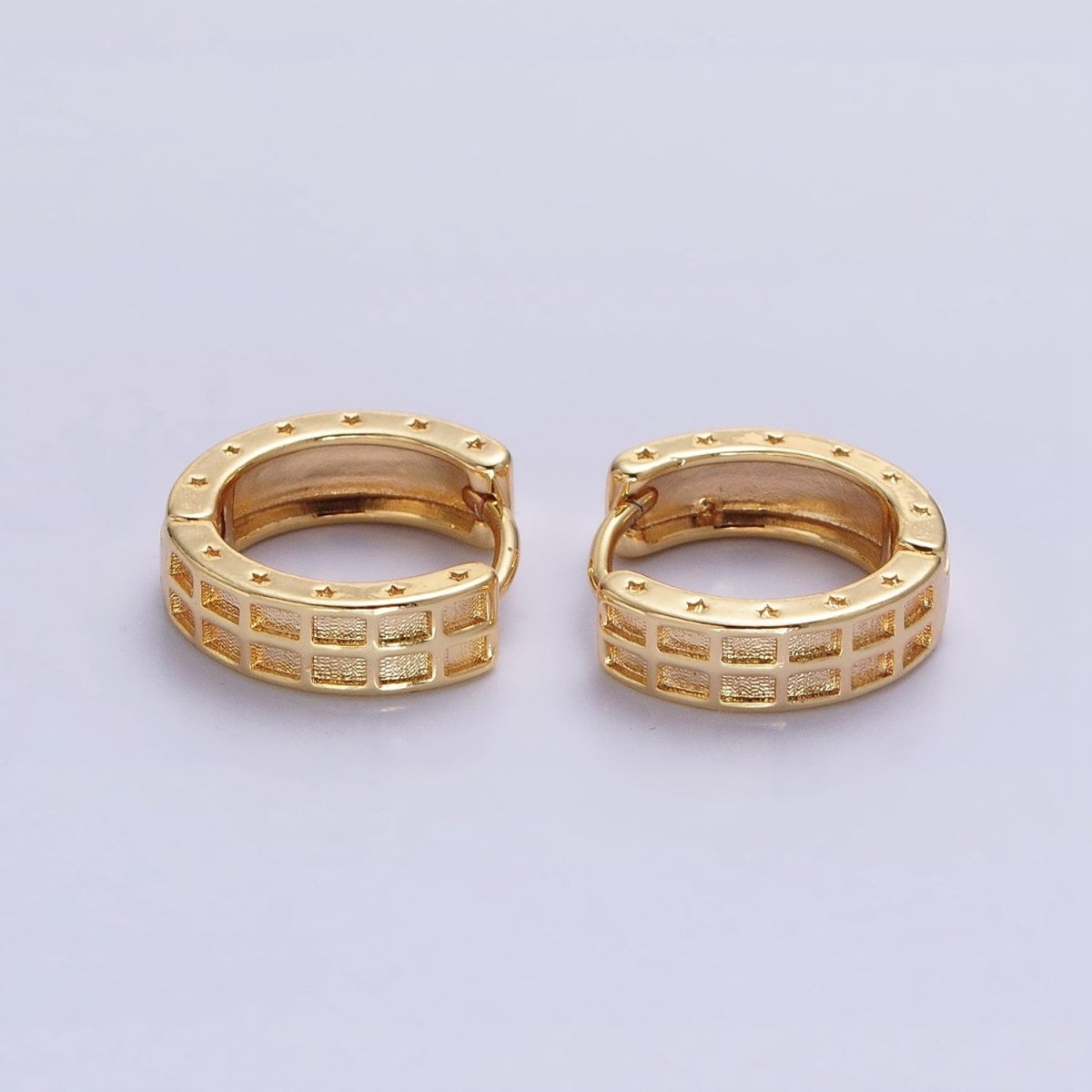 Gold, Silver Double Wide Rectangular Celestial Star Pressed 13mm Huggie Earrings | AB970 AB971 - DLUXCA