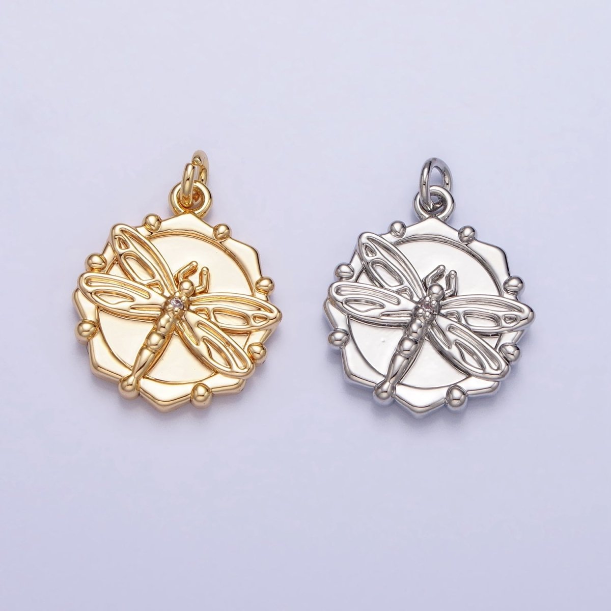Gold, Silver Dragonfly Insect Round Octagonal Charm | AC757 AC758 - DLUXCA