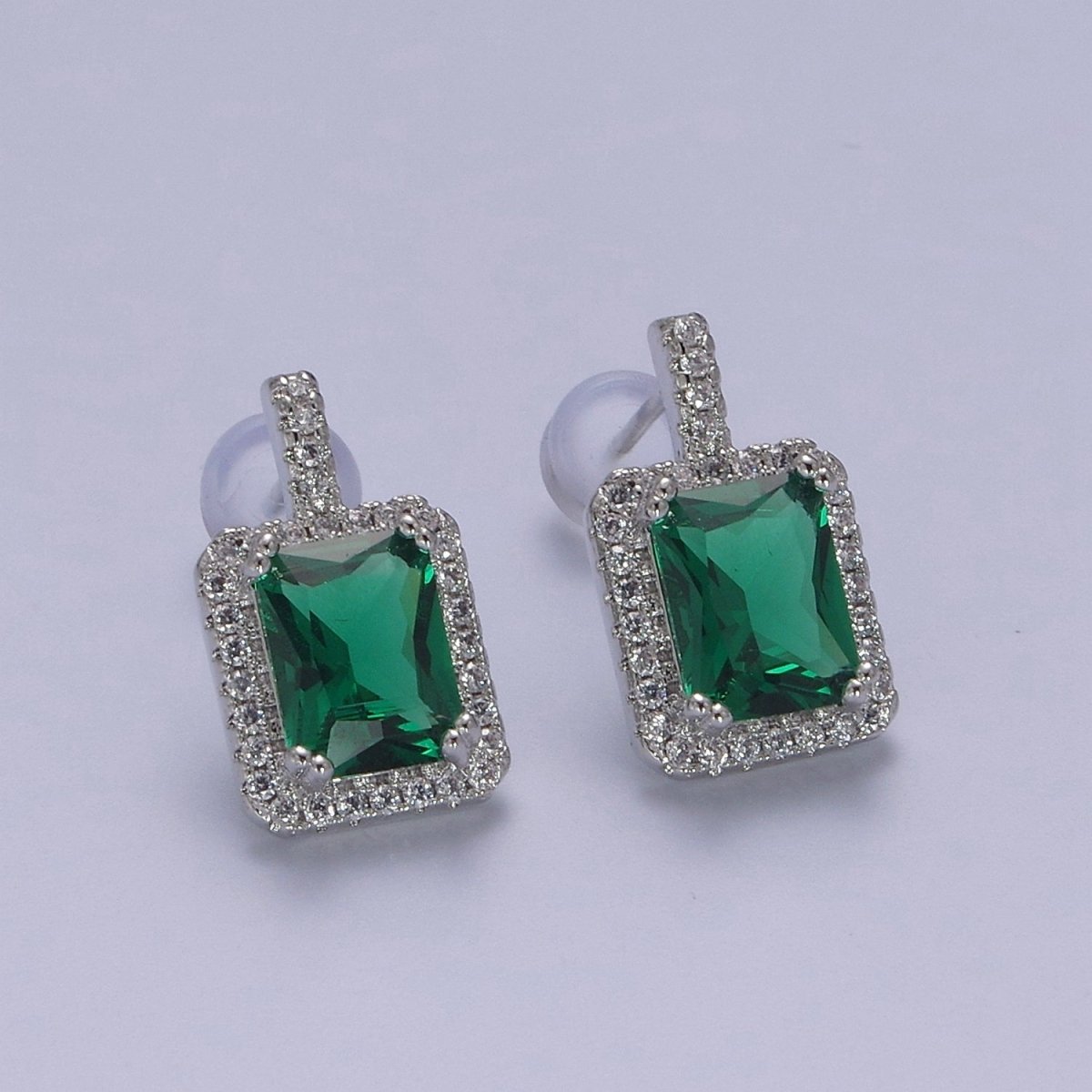 Gold / Silver Emerald Green CZ Paved Ear Posts Rectangle CZ Earring Studs For Party T-343 ~ T-354 - DLUXCA