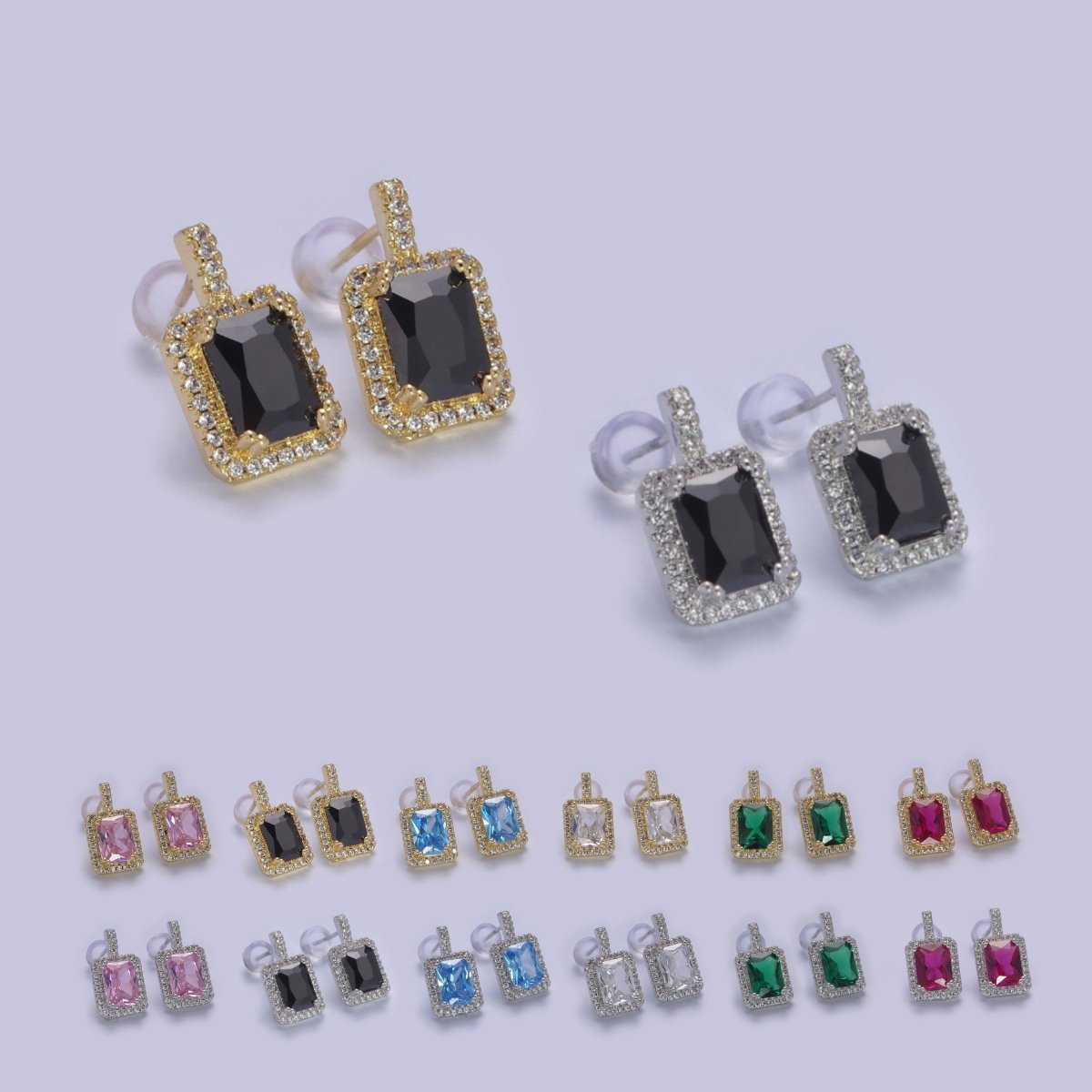 Gold / Silver Emerald Green CZ Paved Ear Posts Rectangle CZ Earring Studs For Party T-343 ~ T-354 - DLUXCA