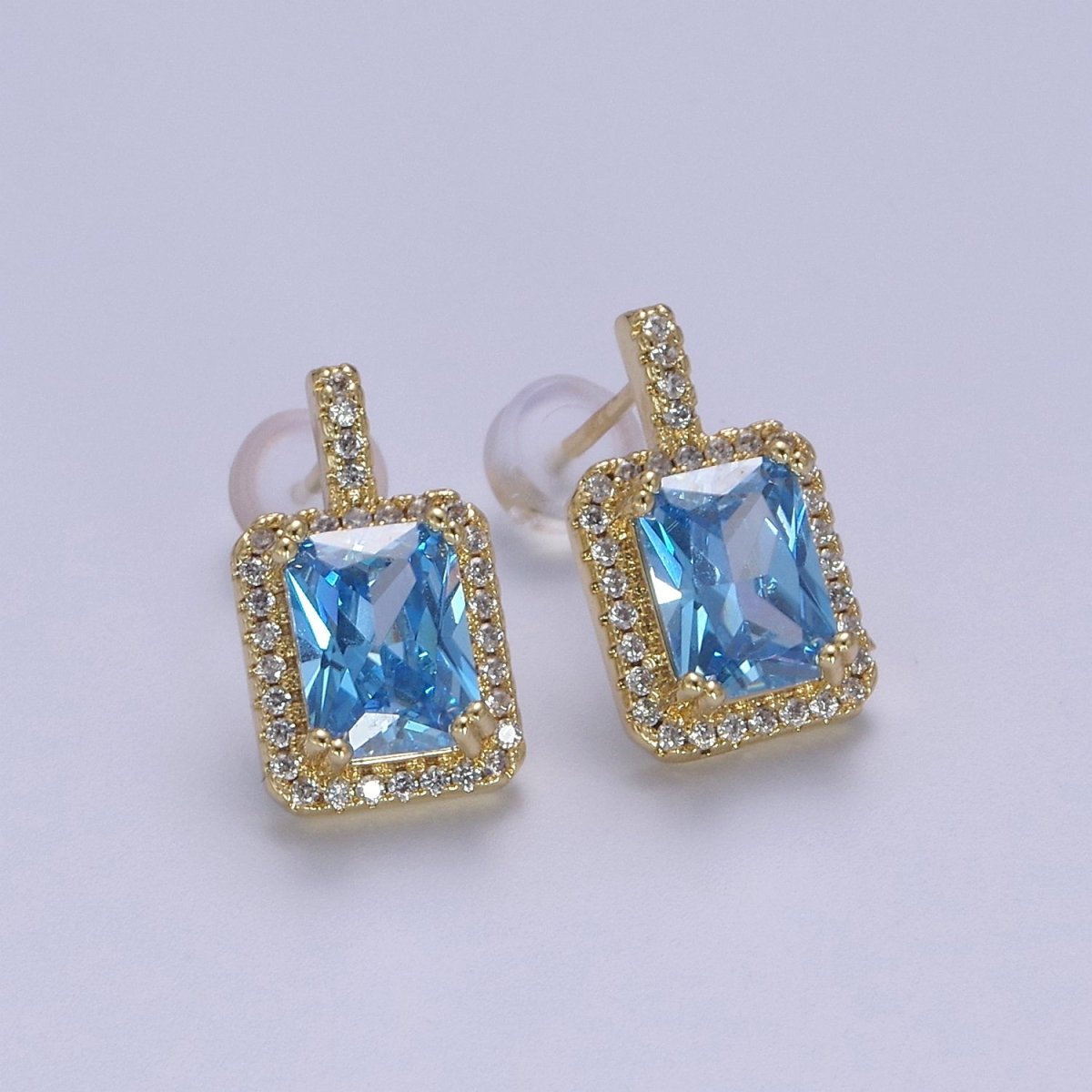 Gold / Silver Emerald Green CZ Paved Ear Posts Rectangle CZ Earring Studs For Party T-343 ~ T-354 - DLUXCA