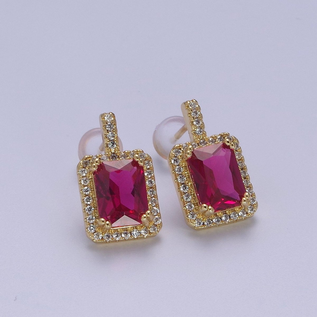 Gold / Silver Emerald Green CZ Paved Ear Posts Rectangle CZ Earring Studs For Party T-343 ~ T-354 - DLUXCA