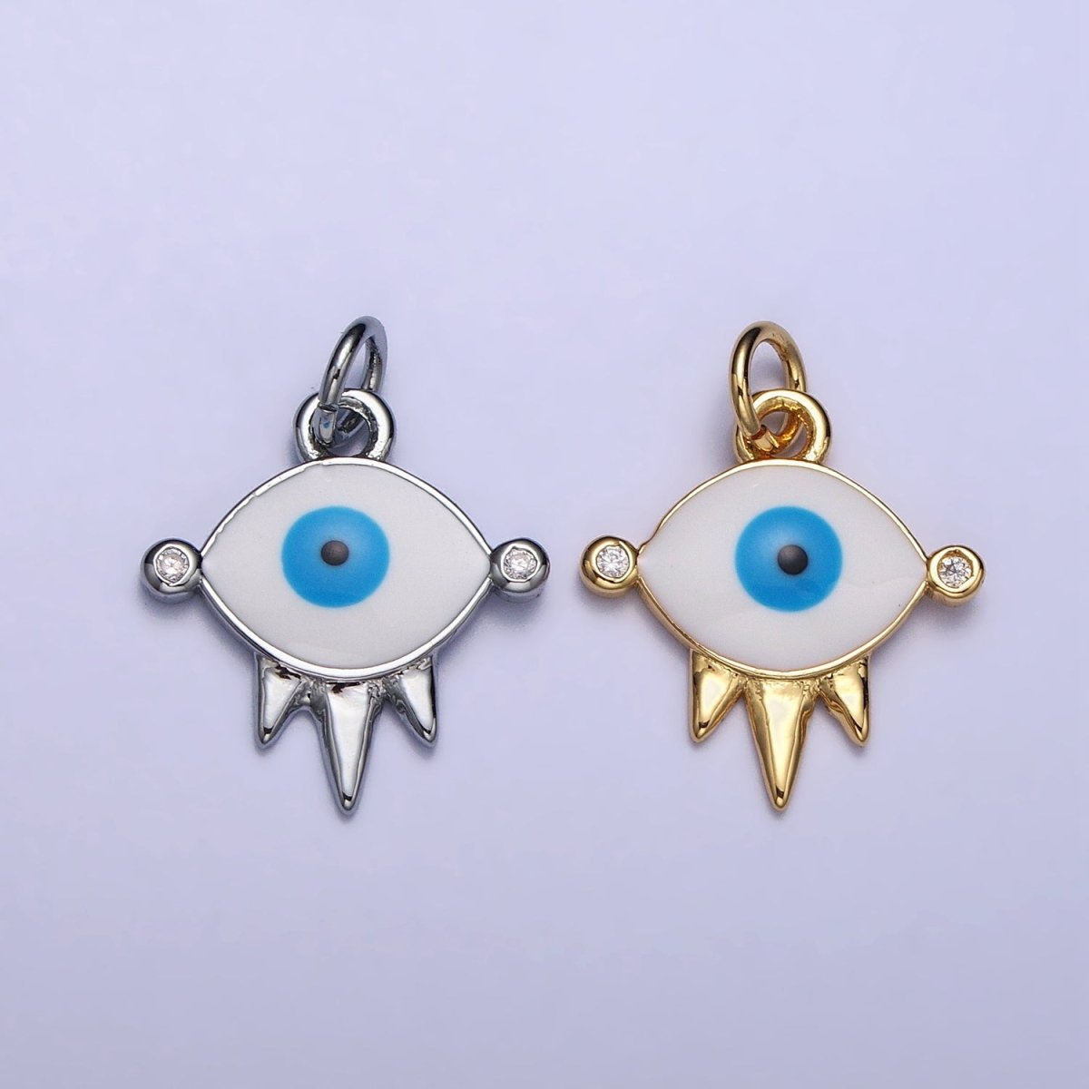 Gold, Silver Evil Eye White Enamel Clear CZ Triple Spiked Charm | AC1030 AC1031 - DLUXCA
