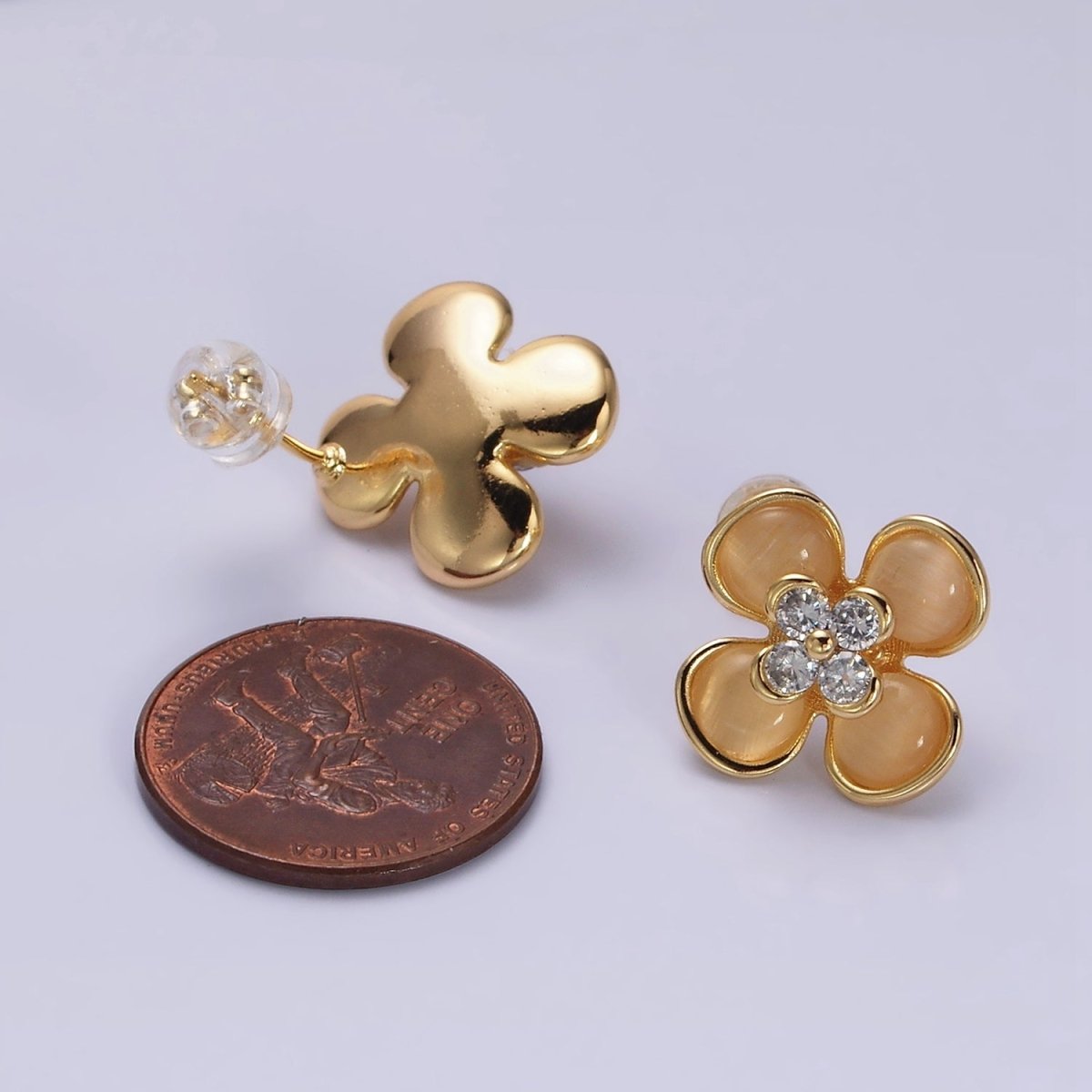 Gold, Silver Flower Cats Eye Gemstone Micro Paved CZ Stud Earrings | AD954 AD955 - DLUXCA