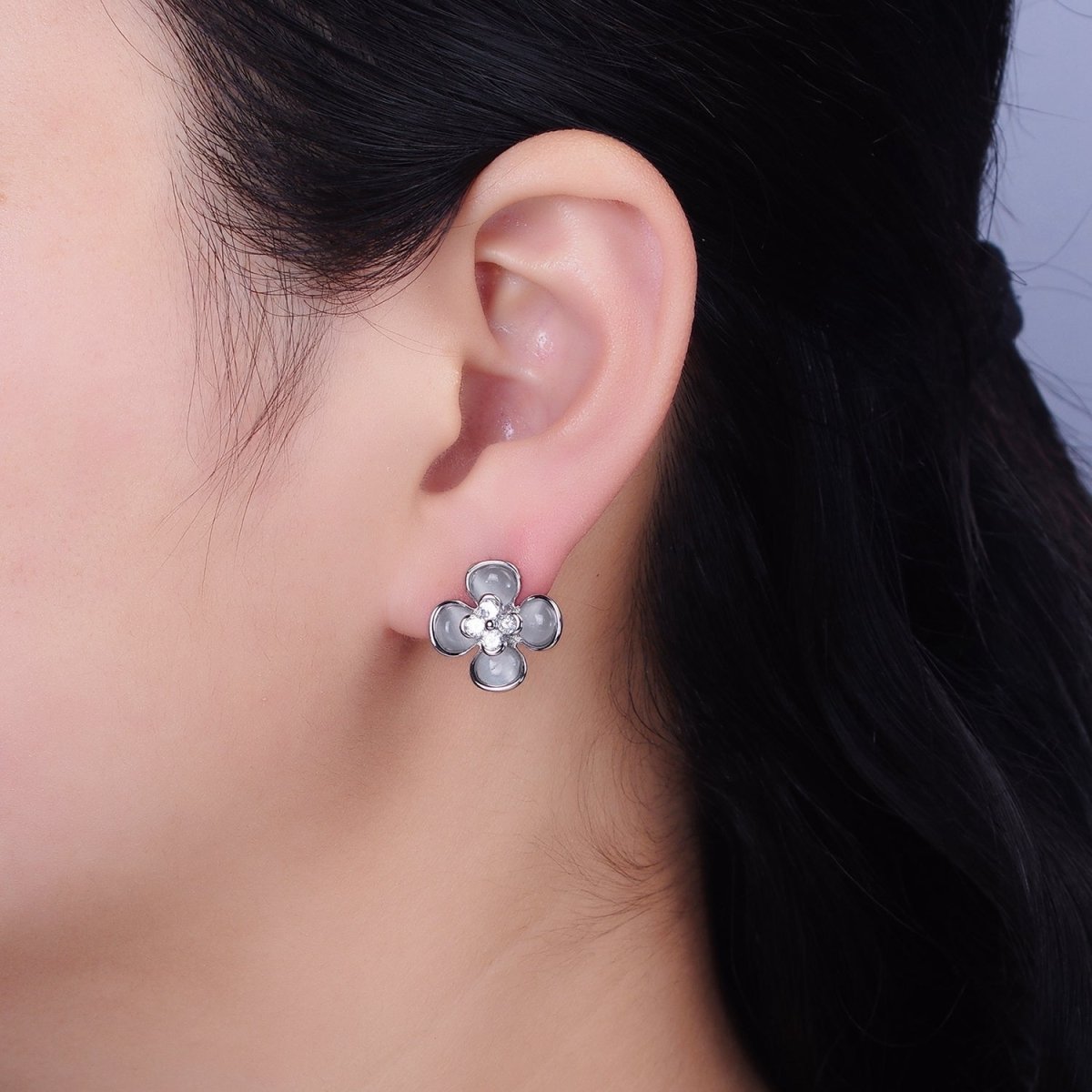 Gold, Silver Flower Cats Eye Gemstone Micro Paved CZ Stud Earrings | AD954 AD955 - DLUXCA