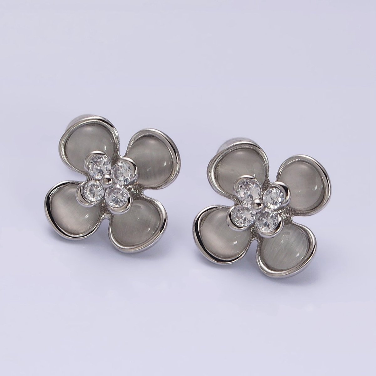 Gold, Silver Flower Cats Eye Gemstone Micro Paved CZ Stud Earrings | AD954 AD955 - DLUXCA