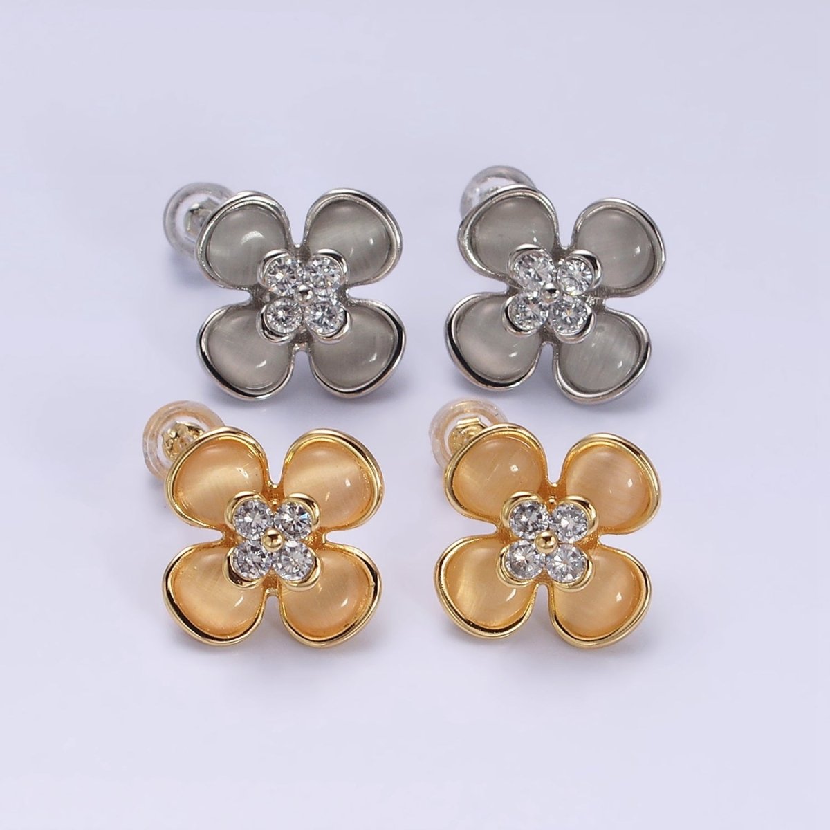 Gold, Silver Flower Cats Eye Gemstone Micro Paved CZ Stud Earrings | AD954 AD955 - DLUXCA