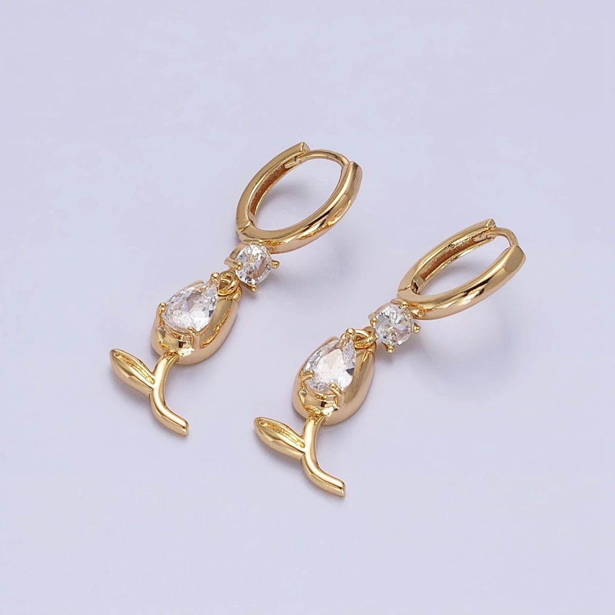 Gold, Silver Flower Tulip Clear CZ Drop Dangle Huggie Earrings | AD781 AD783 - DLUXCA