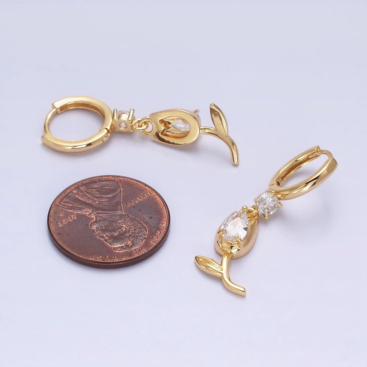 Gold, Silver Flower Tulip Clear CZ Drop Dangle Huggie Earrings | AD781 AD783 - DLUXCA