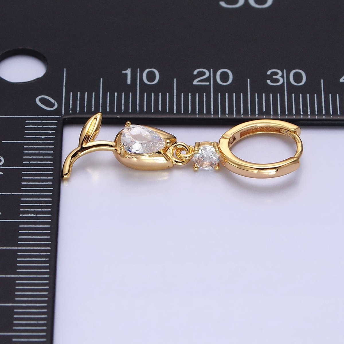 Gold, Silver Flower Tulip Clear CZ Drop Dangle Huggie Earrings | AD781 AD783 - DLUXCA