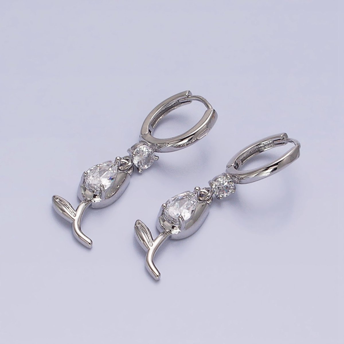 Gold, Silver Flower Tulip Clear CZ Drop Dangle Huggie Earrings | AD781 AD783 - DLUXCA