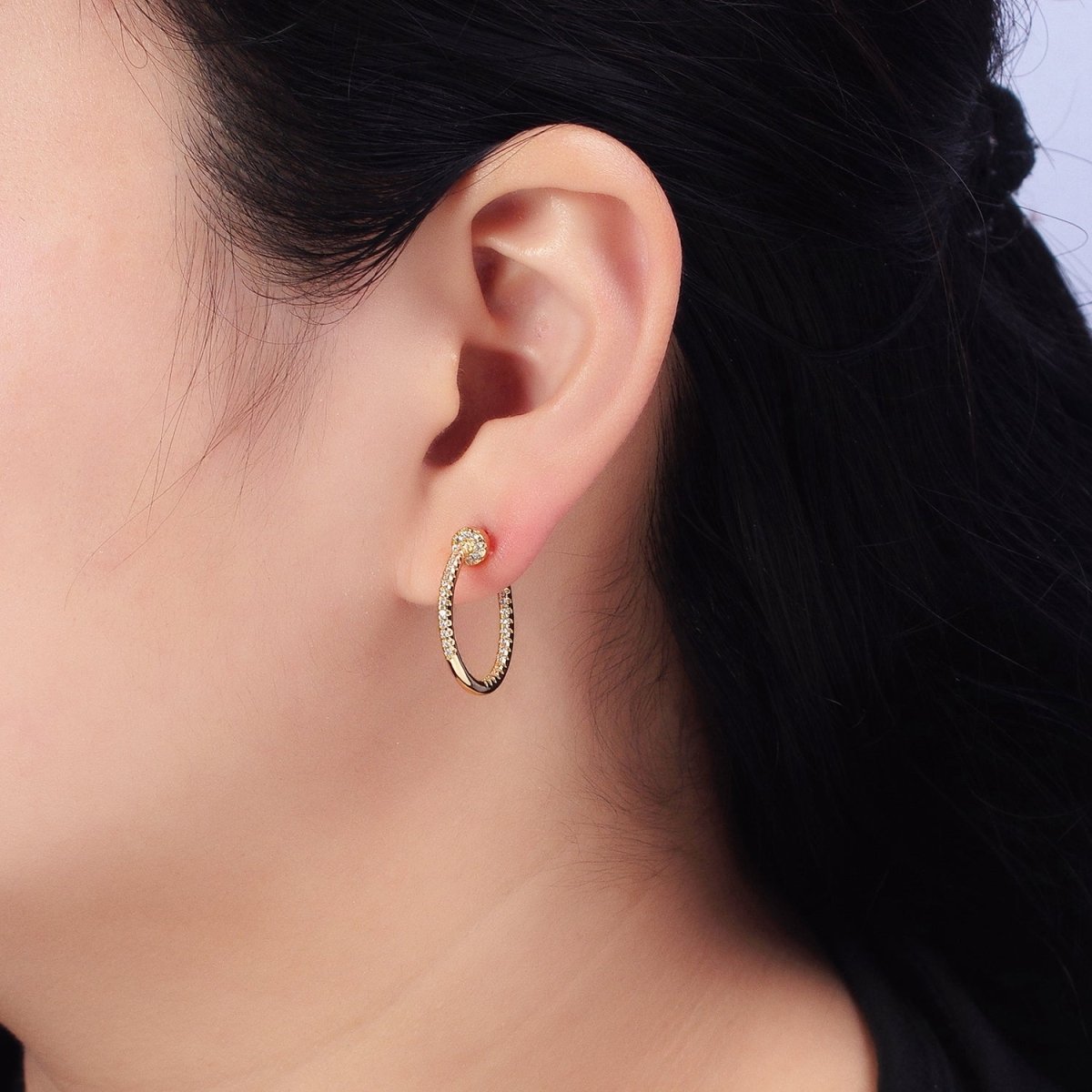 Gold, Silver Front-Sided Clear Micro Paved CZ Needle Hoop Earrings | AB370 AB371 - DLUXCA