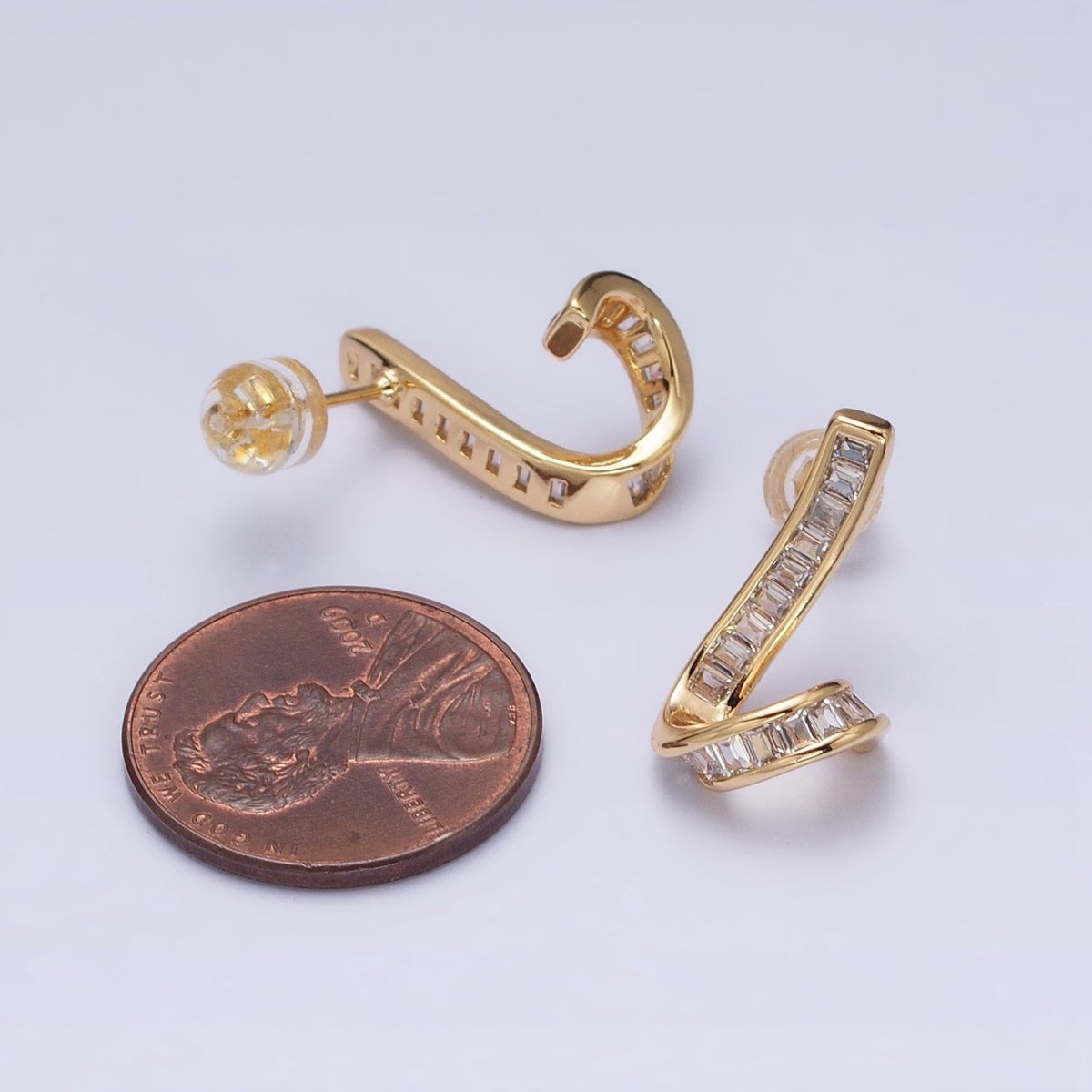 Gold, Silver Geometric Clear Baguette Bar Twirl Stud Earrings | AD893 AD894 - DLUXCA