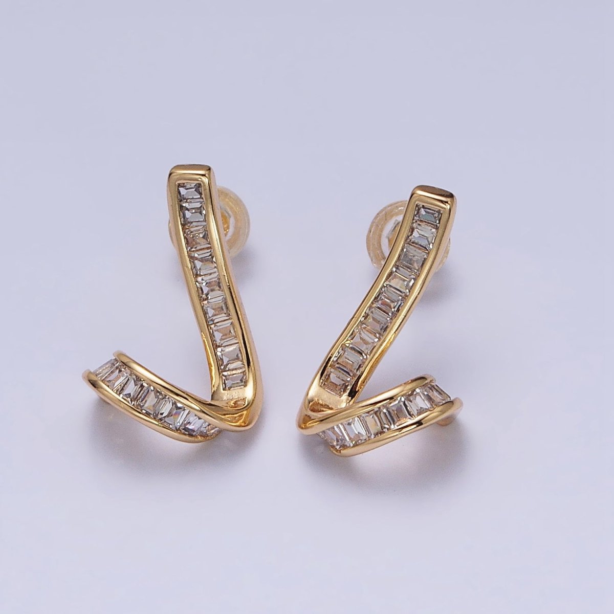 Gold, Silver Geometric Clear Baguette Bar Twirl Stud Earrings | AD893 AD894 - DLUXCA