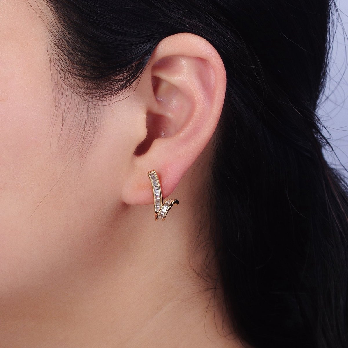 Gold, Silver Geometric Clear Baguette Bar Twirl Stud Earrings | AD893 AD894 - DLUXCA