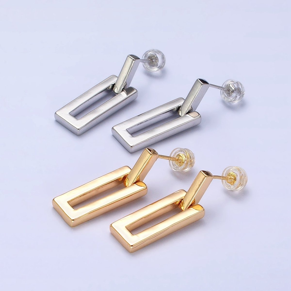 Gold, Silver Geometric Rectangular Bar Drop Dangle Stud Earrings in Gold & Silver | AB393 AB734 - DLUXCA