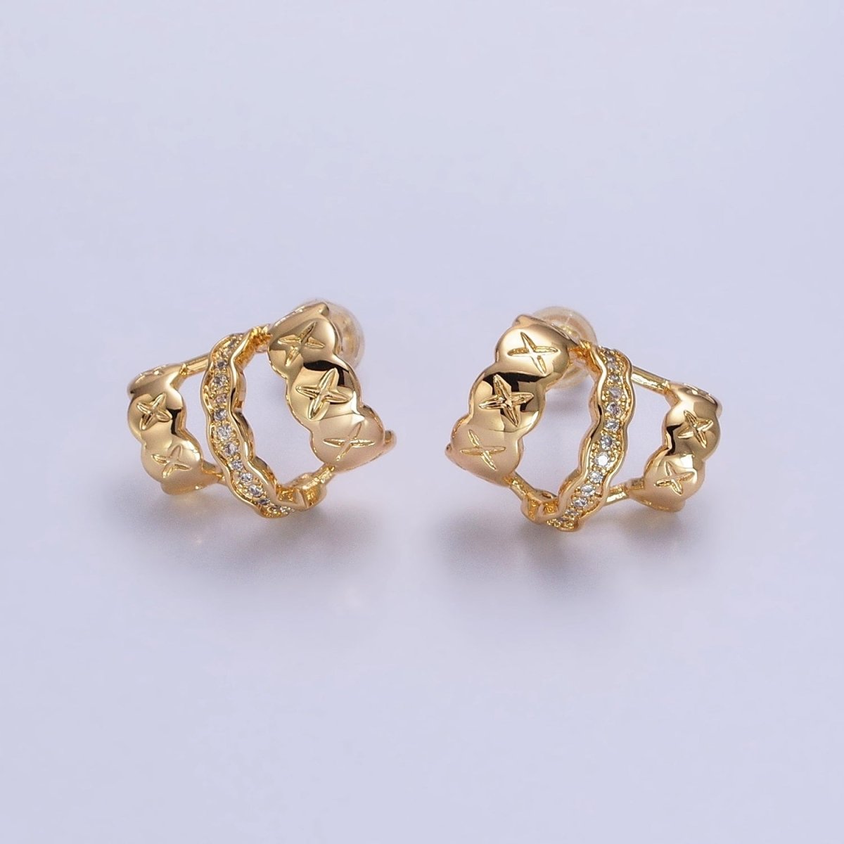 Gold, Silver Geometric Triple C-Shaped Cross X Micro Paved CZ Band Stud Earrings | AB583 AB584 - DLUXCA