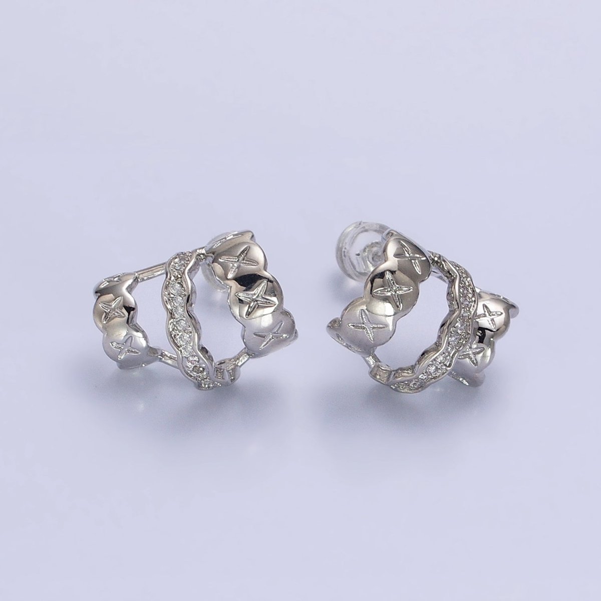 Gold, Silver Geometric Triple C-Shaped Cross X Micro Paved CZ Band Stud Earrings | AB583 AB584 - DLUXCA