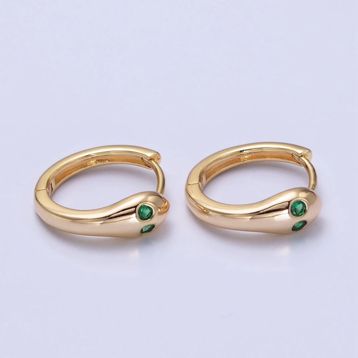 Gold, Silver Green-Eyed CZ Snake Serpent Minimalist Huggie Earrings | AB557 AB558 - DLUXCA