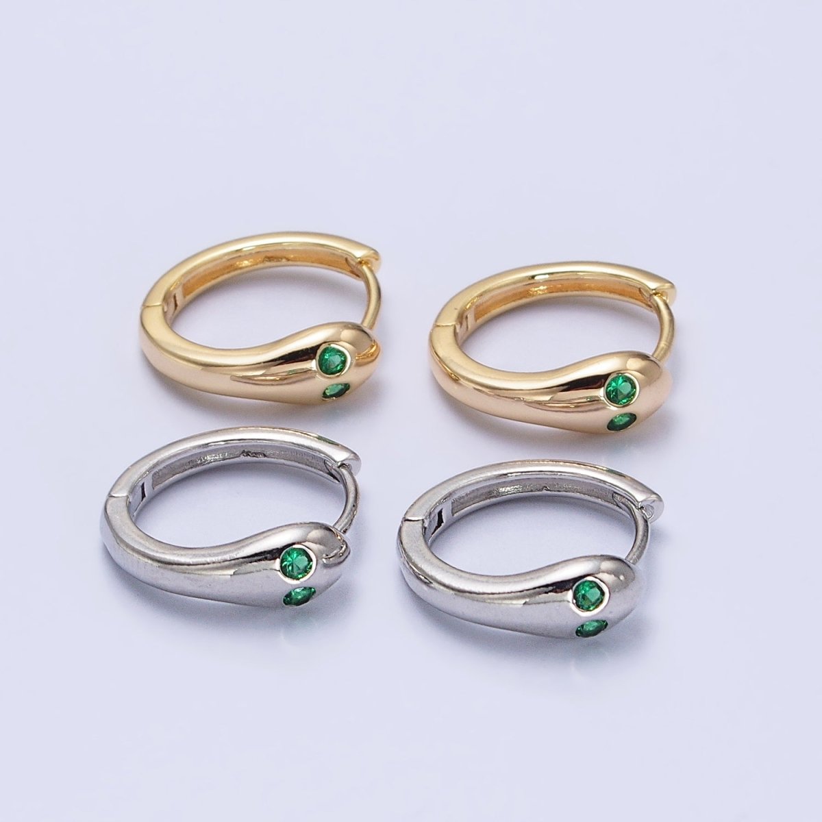 Gold, Silver Green-Eyed CZ Snake Serpent Minimalist Huggie Earrings | AB557 AB558 - DLUXCA