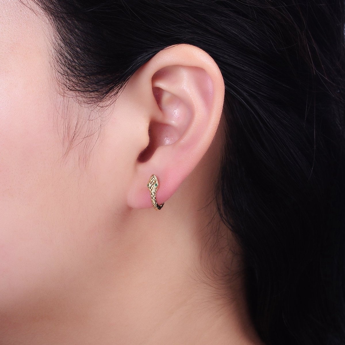 Gold, Silver Green-Eyed Scaled Snake Serpent 11mm Cartilage Huggie Earrings | AB751 AB-850 - DLUXCA
