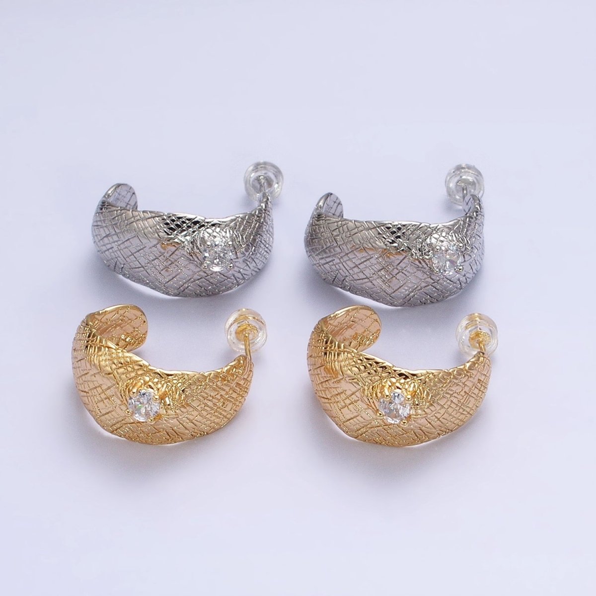 Gold, Silver Hammered Line Textured Round Clear CZ C-Shaped Hoop Earrings | AB637 AB638 - DLUXCA