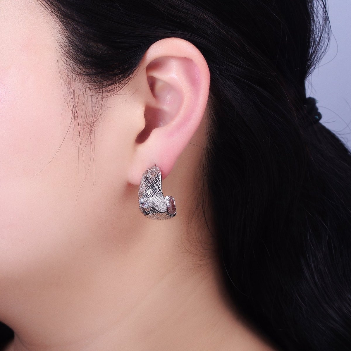 Gold, Silver Hammered Line Textured Round Clear CZ C-Shaped Hoop Earrings | AB637 AB638 - DLUXCA