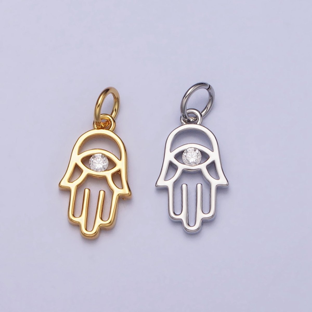 Gold, Silver Hamsa Hand Clear CZ Open Add-On Charm in Gold & Silver | AC408 AC409 - DLUXCA