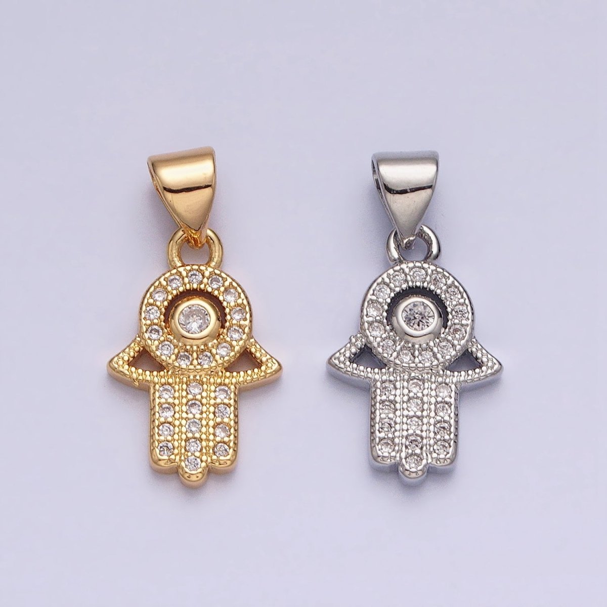 Gold, Silver Hamsa Hand Evil Eye Clear CZ Micro Paved Pendant | AA359 AA360 - DLUXCA