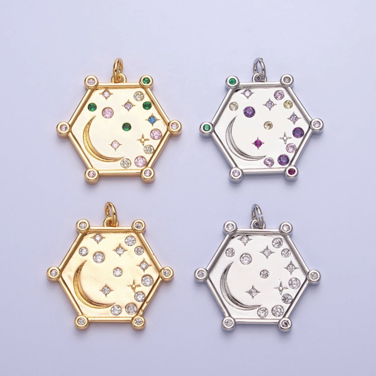 Gold, Silver Hexagonal Celestial Moon Clear, Pink & Green, Purple & Yellow Multicolor Charm | AC695 - AC696 - DLUXCA