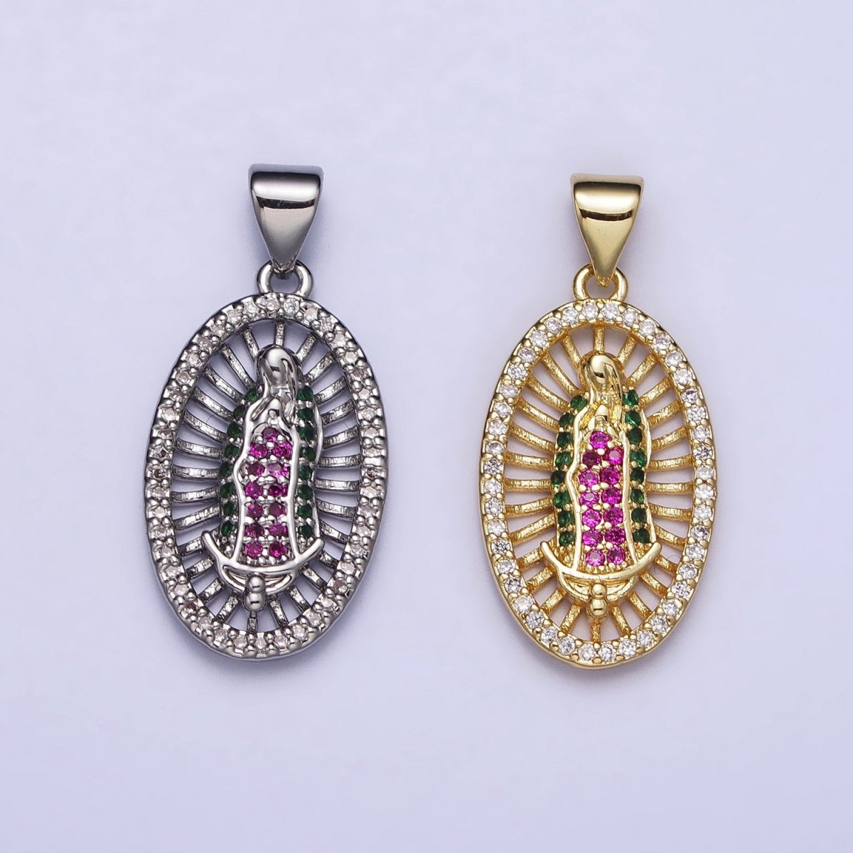 Gold, Silver Mary Lady Guadalupe Multicolor Micro Paved CZ Oval Pendant | AA409 AA410 - DLUXCA