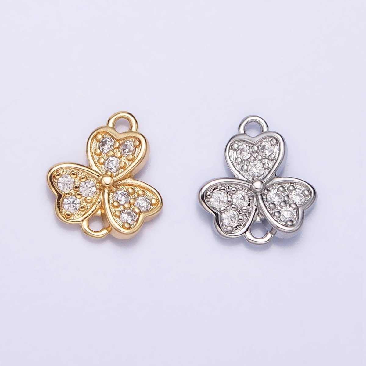 Gold, Silver Micro Paved Clear CZ Heart Petal Quatrefoil Clover Connector | AA989 AA990 - DLUXCA