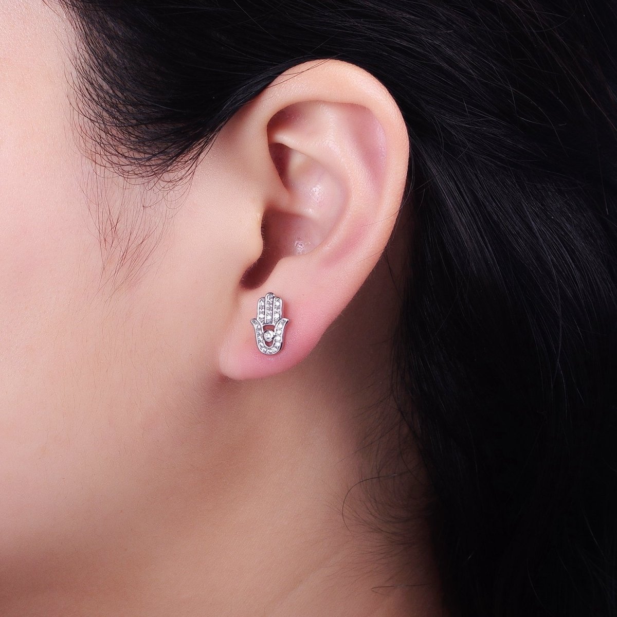 Gold, Silver Micro Paved Clear CZ Protection Hamsa Hand Evil Eye Stud Earrings | AB1012 AB1013 - DLUXCA