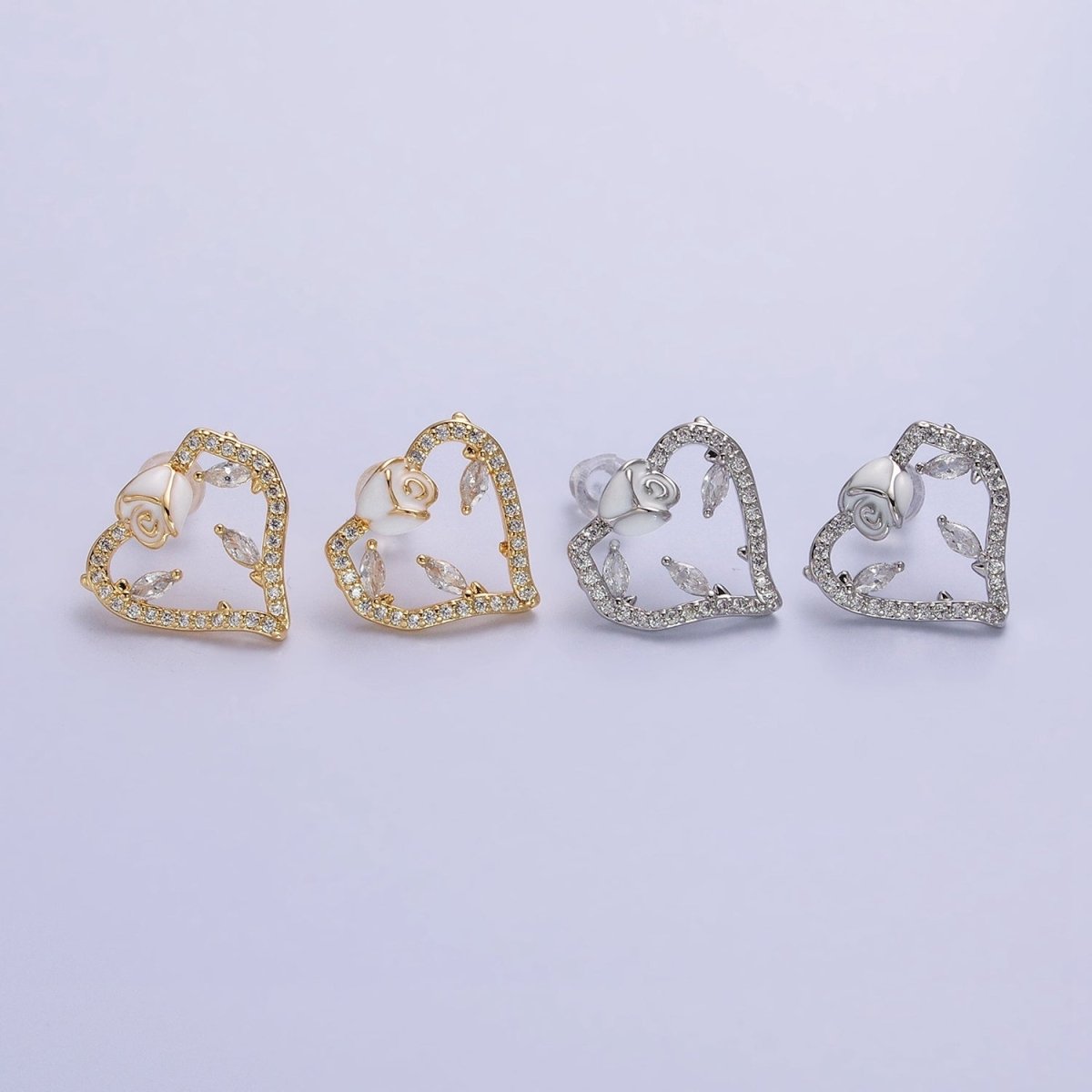 Gold, Silver Micro Paved CZ Geometric Heart White Rose Flower Stud Earrings | AB599 AB600 - DLUXCA