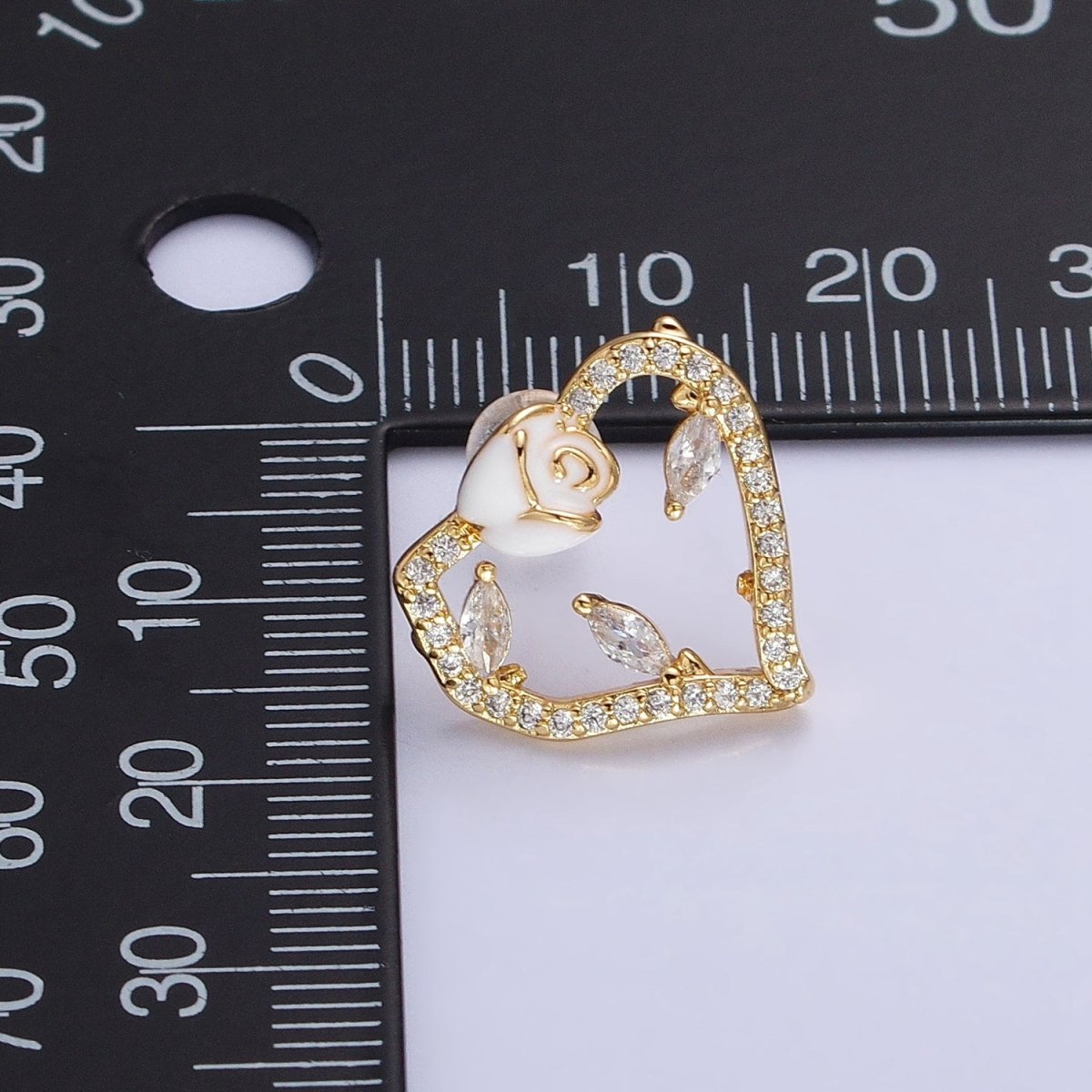 Gold, Silver Micro Paved CZ Geometric Heart White Rose Flower Stud Earrings | AB599 AB600 - DLUXCA