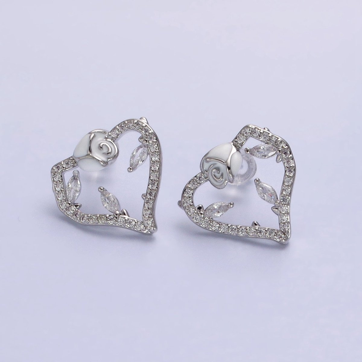 Gold, Silver Micro Paved CZ Geometric Heart White Rose Flower Stud Earrings | AB599 AB600 - DLUXCA