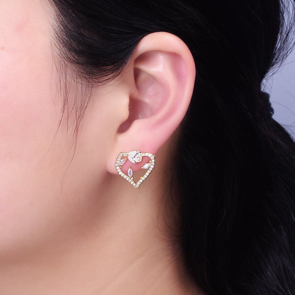 Gold, Silver Micro Paved CZ Geometric Heart White Rose Flower Stud Earrings | AB599 AB600 - DLUXCA