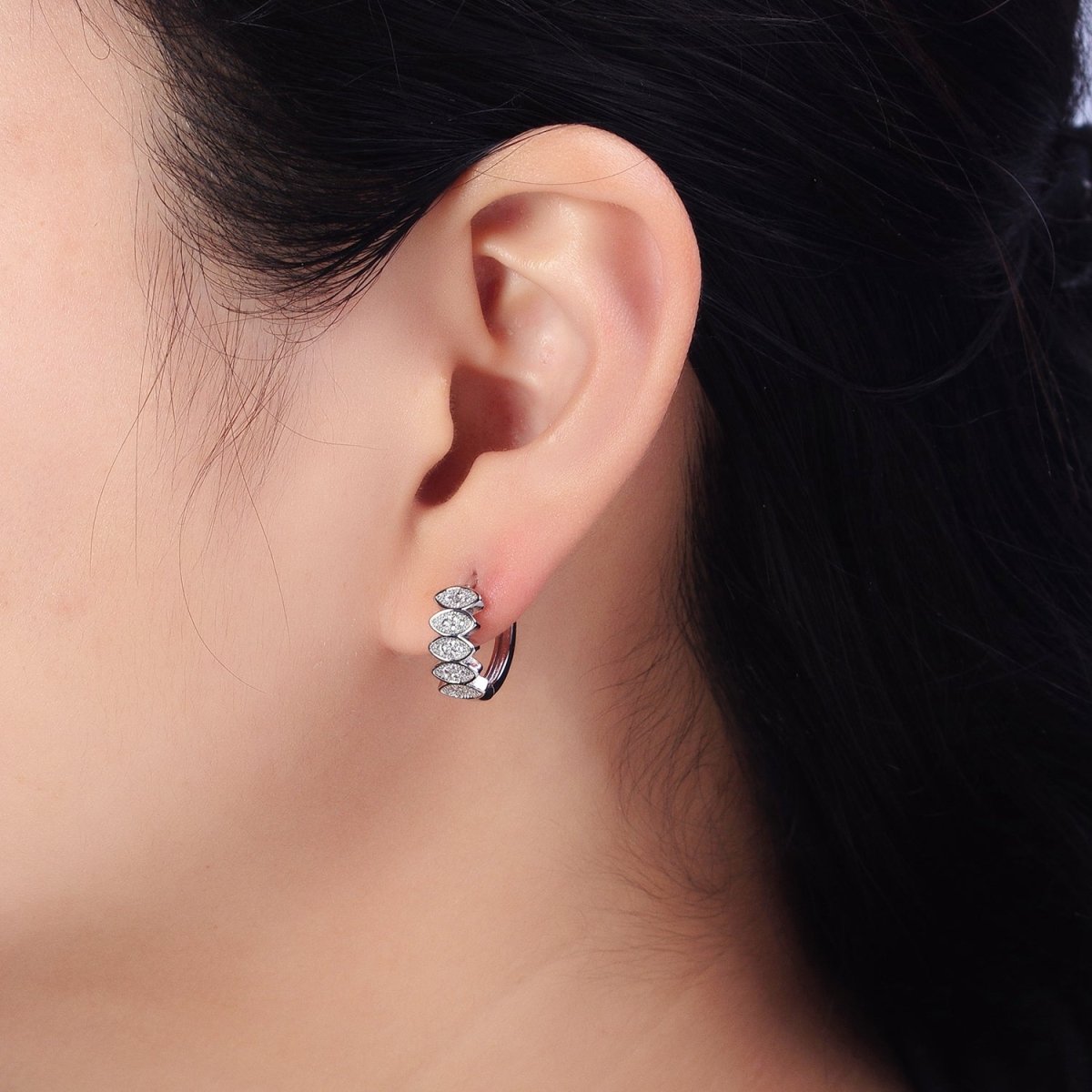 Gold, Silver Micro Paved CZ Marquise Geometric Lined 15mm Huggie Earrings | AB505 AB511 - DLUXCA