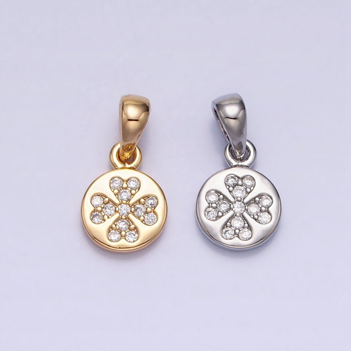 Gold, Silver Mini Micro Paved CZ Love Clover Quatrefoil 6.6mm Round Pendant | AA347 AA348 - DLUXCA