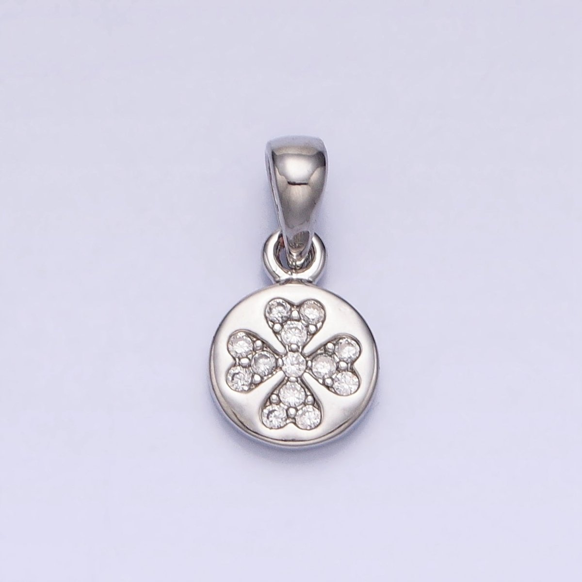 Gold, Silver Mini Micro Paved CZ Love Clover Quatrefoil 6.6mm Round Pendant | AA347 AA348 - DLUXCA