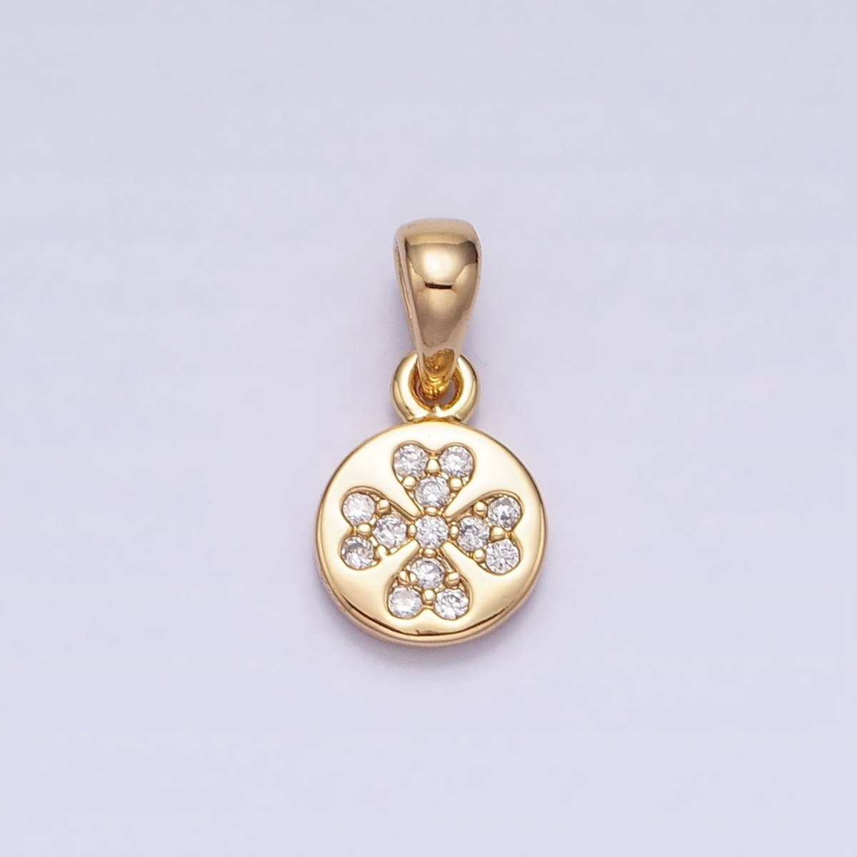 Gold, Silver Mini Micro Paved CZ Love Clover Quatrefoil 6.6mm Round Pendant | AA347 AA348 - DLUXCA